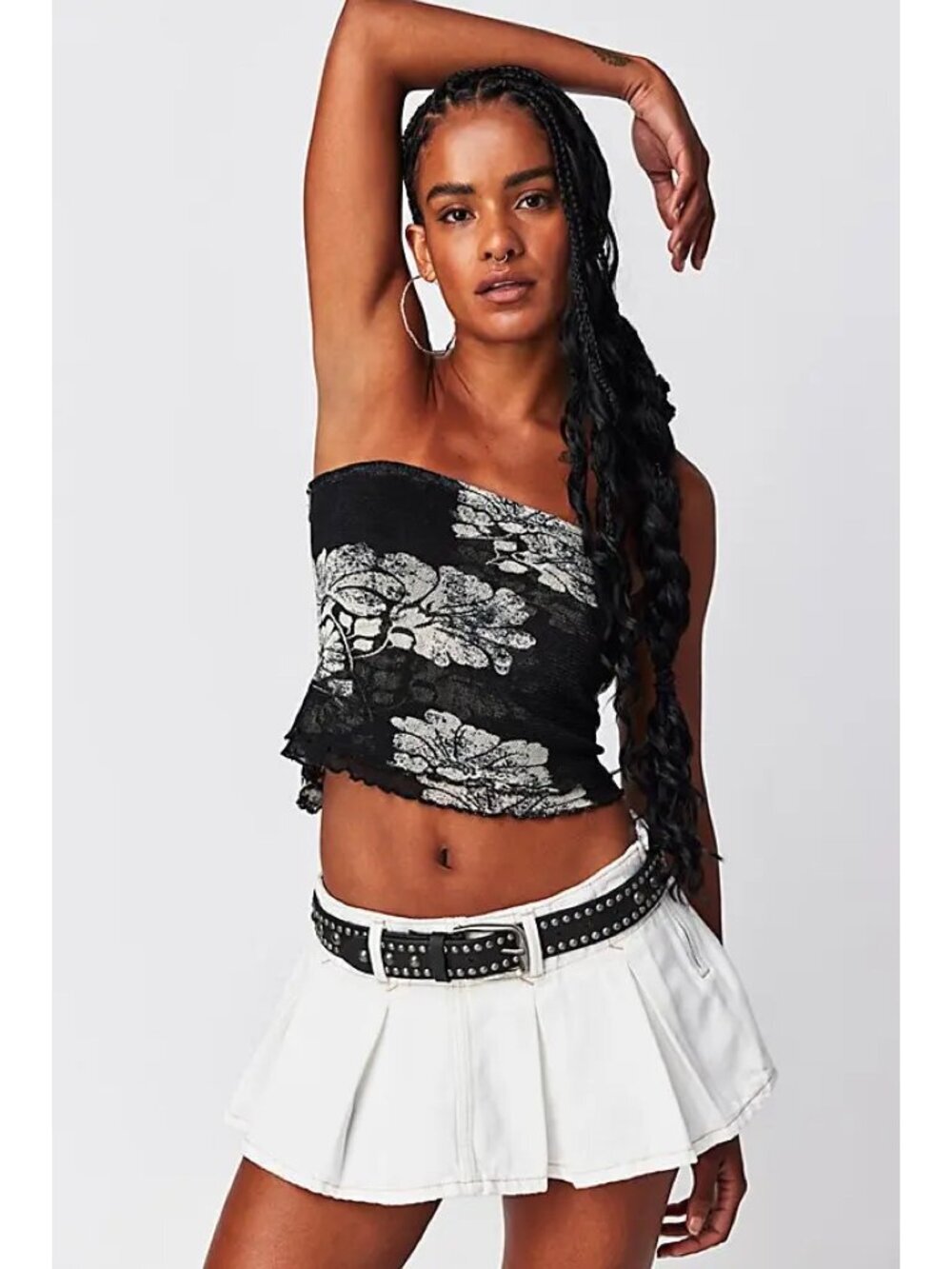 Free People Black Floral Printed Poppy Mesh Cropped Tube Top